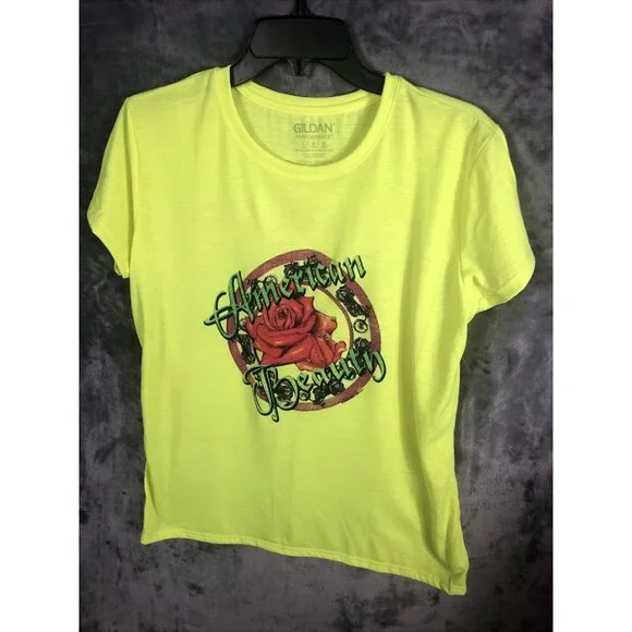 Gildan Womens American Beauty Graphic T-Shirt Neon Yellow Cotton Blend Short Sle - Picture 3 of 9